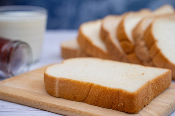 sliced bread with jam and milk for breakfast