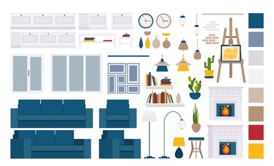 Living room interior elements, indoor objects on white vector illustration. Collection of sofa, windows and shelves with book, house-plant and picture, lamp and cock, jar object