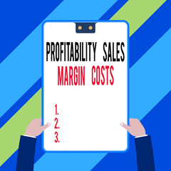 Word writing text Profitability Sales Margin Costs. Business photo showcasing Business incomes revenues Budget earnings Two executive male hands holding electronic device geometrical background