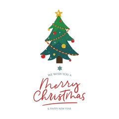 Fototapeta na wymiar Merry Christmas card with tree and lettering vector illustration. Poster of wishing Happy New Year and fir-tree traditional symbol. Message with Xmas wood and snowflake