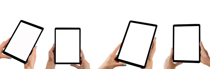 Set Beautiful Woman hands holding tablet computer with isolated white screen. Business workplace...