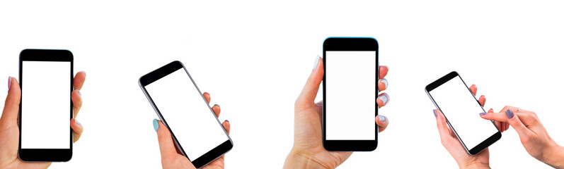Set Beautiful Woman hands holding the smart phone with isolated white screen. Business workplace with copy space. Empty space for text. Isolated screen for mock up. Left and right hand