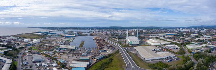 Obraz premium Aerial view of the industrial side of the Cardiff bay / docks, Wales UK