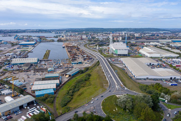Fototapeta premium Aerial view of the industrial side of the Cardiff bay / docks, Wales UK