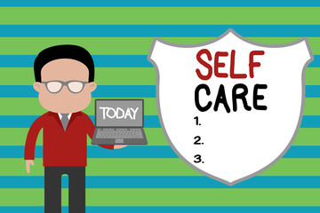 Conceptual hand writing showing Self Care. Concept meaning Give comfort to your own body without professional consultant Man in suit wearing eyeglasses holding open laptop photo Art