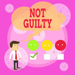 Writing note showing Not Guilty. Business concept for someone is innocent didnt commit specific crime He free White Questionnaire Survey Choice Satisfaction Green Tick