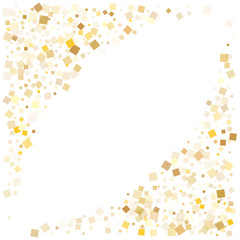 Abstract gold confetti sequins sparkles falling on white. Glittering New Year vector sequins background. Gold foil confetti party explosion isolated. Square sparkles invitation backdrop.