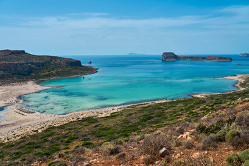 Fototapeta na wymiar Balos lagoon and Gramvousa in Kissamos Crete, Greece in sunny day.