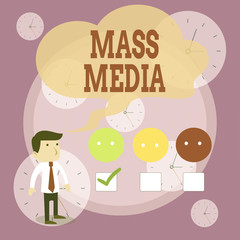 Writing note showing Mass Media. Business concept for Group showing making news to the public of what is happening White Questionnaire Survey Choice Satisfaction Green Tick