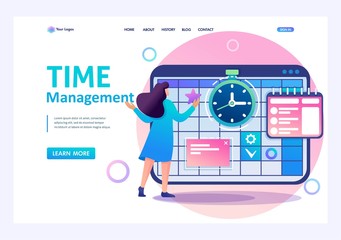 Young girl engaged in time management and business planning for a month. Flat 2D character. Landing page concepts and web design