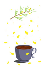 Rooibos tea. Hot herbal traditional drink of red color in a gray cup on top of a rooibos plant and crumbling yellow petals. Isolated on a white background flat. For the menu and cafe.
