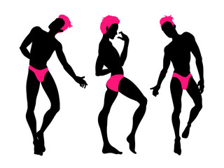 Obraz na płótnie Canvas Sexy handsome men silhouettes dancing in underwear, stripper, go-go boy, gay club disco, neon colors, vector illustration