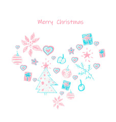 Christmas card. An illustration with the person dressed in winter clothes, gifts, a fir-tree, apple, a poinsettia, a Christmas tree decoration, star and hearts in blue and pink colors.