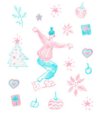 Christmas card. An illustration with the person dressed in winter clothes, gifts, a fir-tree, apple, a poinsettia, a Christmas tree decoration, star and hearts in blue and pink colors.