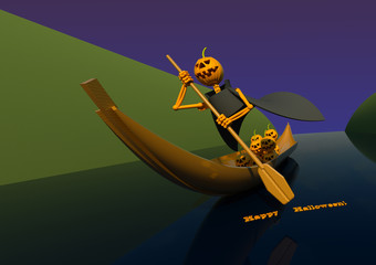 A Halloween pumpkin character transporting lanterns on the river 3D illustration. Perspective view, gradient background. Collection.