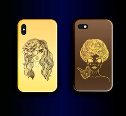 Two vector trend up smartphone cover mock up. Gradient print with gothic style portrait of girls. Vector illustration of a witch and a sphinx and a witch with a flower in her hair