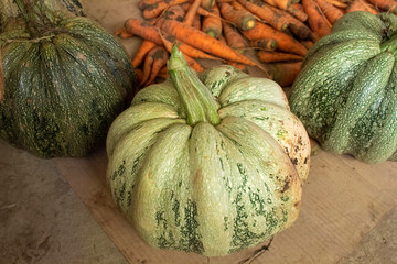 Pumpkins and carrot on the floor