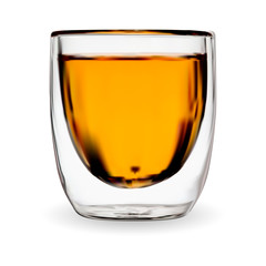Tea glass isolated. Whiskey drink shot. Bourbon or rom in transparent glass. Coffee cup with espresso drink. Gold brandy or scotch in a glass. Alcohol coctail glassware isolated on white background