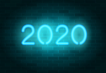 2020 vector neon sign. Blue realistic neon numbers on a brick wall. Happy New Year banner, greeting card