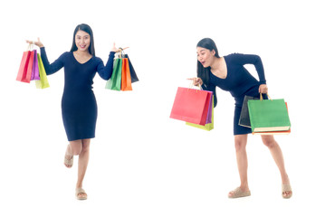 .Two action pose, women are choosing products and women are happy after shopping.