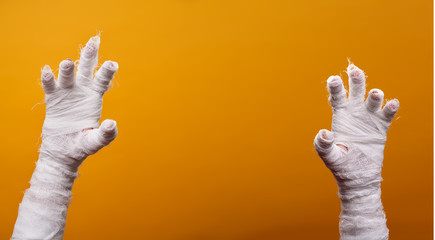 Photo of two mummy hands on empty orange background .