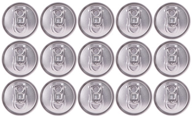 Closed aluminum can. Background of aluminum cans. Jar of aluminum top view.