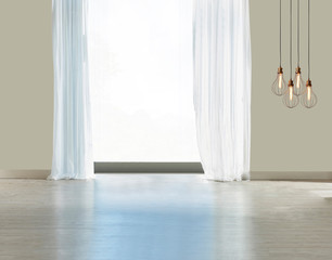 empty living room interior decoration wooden floor, stone wall concept. decorative background for home, office and hotel