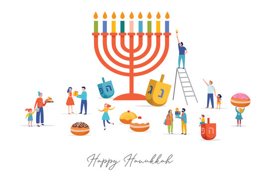 Happy Hanukkah, Jewish Festival of Lights scene with people, happy families with children.