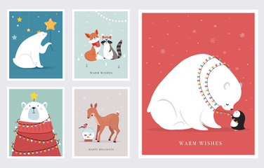 Winter forest animals, Merry Christmas greeting cards, posters with cute bear, birds, bunny, deer, mouse and penguin. 