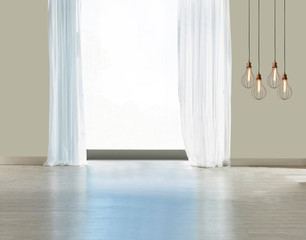 empty living room interior decoration wooden floor, stone wall concept. decorative background for home, office and hotel