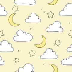 Cute sky pattern. Seamless design with clouds, moon and stars. Baby illustration. Cute sweet love baby background. Colorful design for textile, wallpaper, fabric, decor.