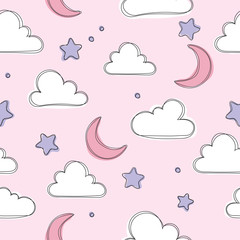 Cute sky pattern. Pink seamless design with clouds, moon and stars. Baby illustration. Cute sweet love baby background. Colorful design for textile, wallpaper, fabric, decor.