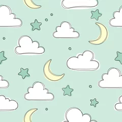 Fototapete Cute green sky pattern. Seamless  design with clouds, moon and stars. Baby illustration. Cute sweet love baby background. Colorful design for textile, wallpaper, fabric, decor. © jullyromas