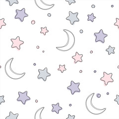 Seamless pattern with stars and moon. Background for gift wrapping paper, fabric, clothes, textile, surface textures, scrapbook.