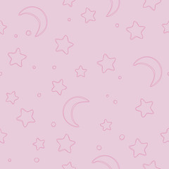 Soft pink seamless stars and moon pattern. Background for gift wrapping paper, fabric, clothes, textile, surface textures, scrapbook.