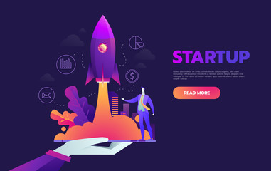 Startup launching process isometric infographic technology online. Business concept vector. Rocket space ship taking off with micro creative people.
