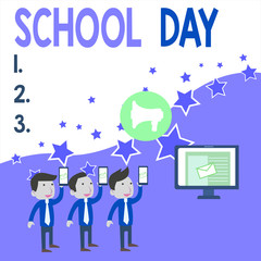 Conceptual hand writing showing School Day. Concept meaning starts from seven or eight am to three pm get taught there SMS Email Marketing Media Audience Attraction PC Loudspeaker