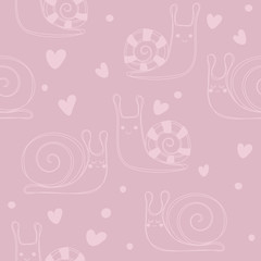 Snail pink bachround. Seamless pattern with cute snail. Hand drawn illustration. Fashion kids print.