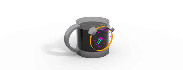 Coffee cup vs alarm clock hybrid. Concept. 3d render