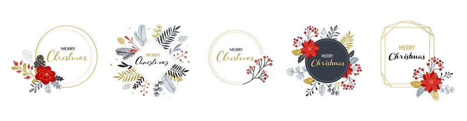 Merry Christmas logos, hand drawn elegant, delicate monograms isolated on white background. Hand drawn vector collection