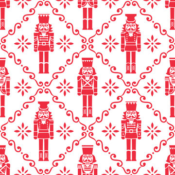 Christmas nutcrackers vector seamless pattern - Xmas soldier figurine repetitive red and white ornament, textile design