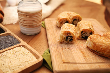 Patty serving with milk on the wooden table