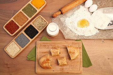 Patty serving with milk on the wooden table