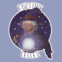 Old witch with her black raven holding a crystal ball and foretelling the future. Funny cartoon style character. Colored linear drawing isolated on a white background. Sticker. EPS10 vector.