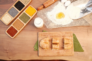 Patty serving with milk on the wooden table