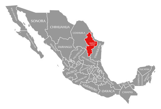 Nuevo Leon red highlighted in map of Mexico