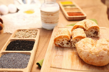 Patty serving with milk on the wooden table