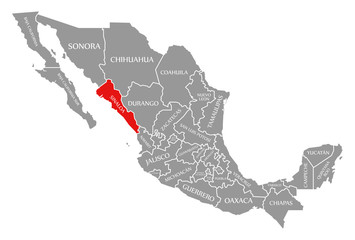 Sinaloa red highlighted in map of Mexico