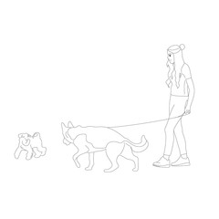 Young girl is walking with a german shepherd, dog on a leash. Isolated on white background. Flat style cartoon stock vector