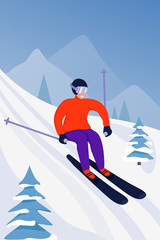 Sport activity illustration with skier in sports suit. Sportsman on downhill. Skiing in the mountains. Vector illustration.